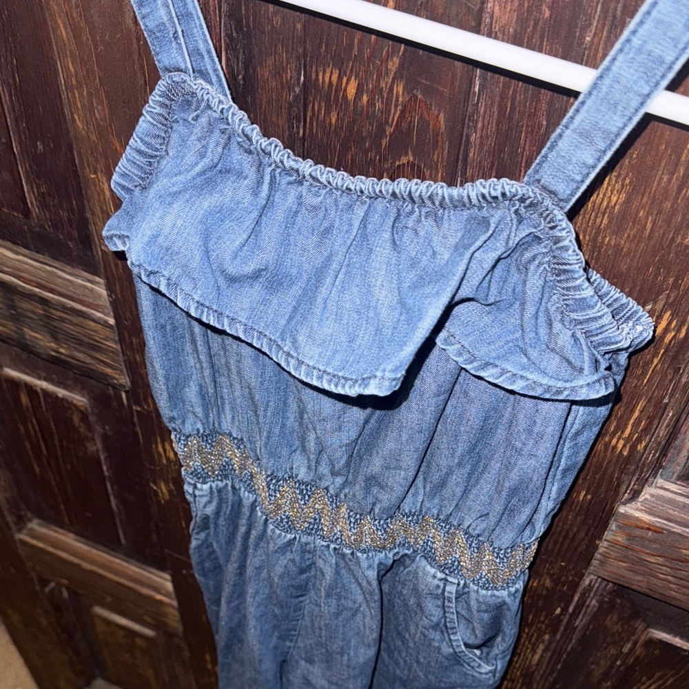 Girls Denim Jumpsuit with Ruffle and Embroidered Detail - Picture 4 of 4